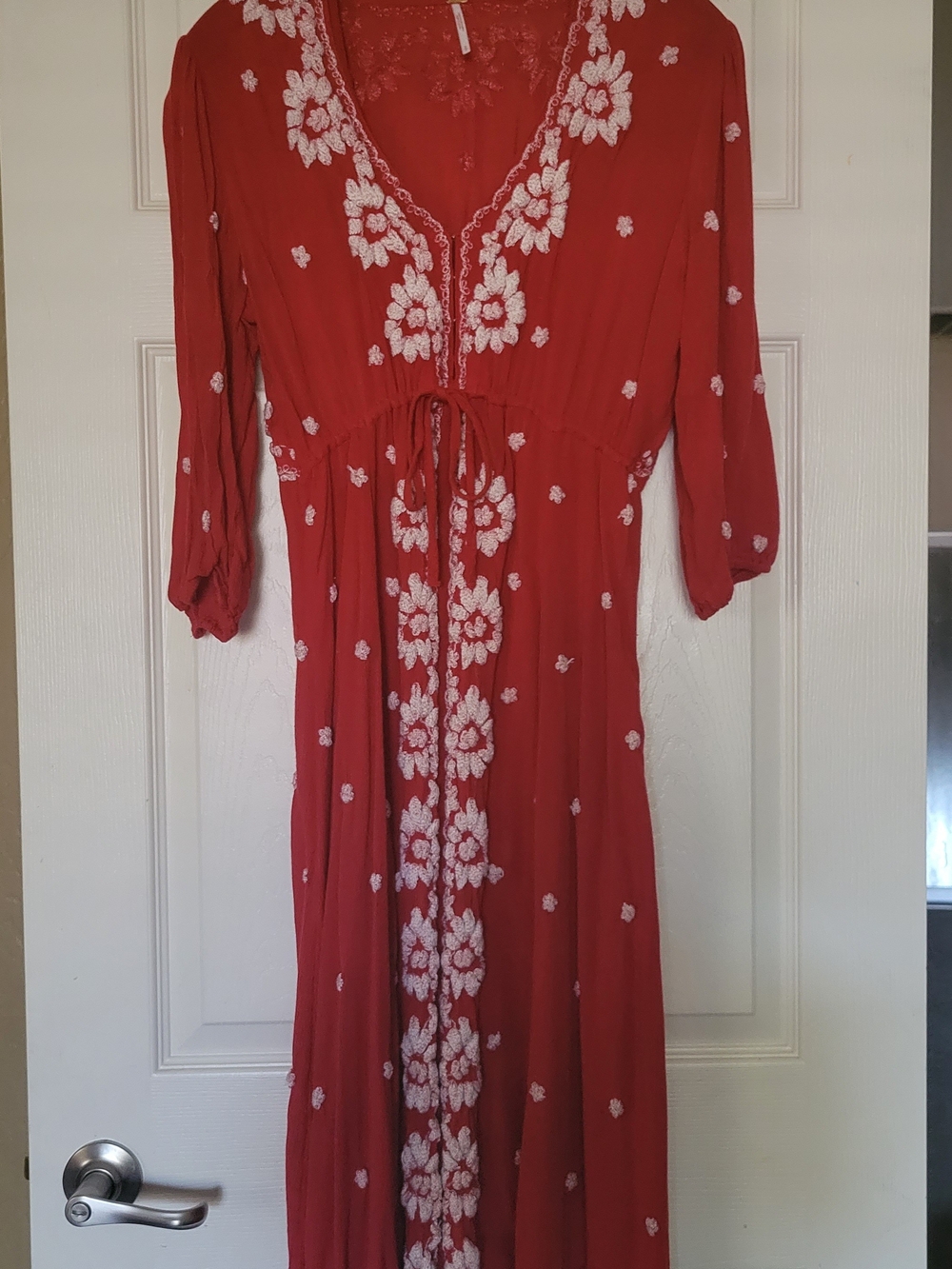 Free People Red Maxi Dress with White Floral Embroidery